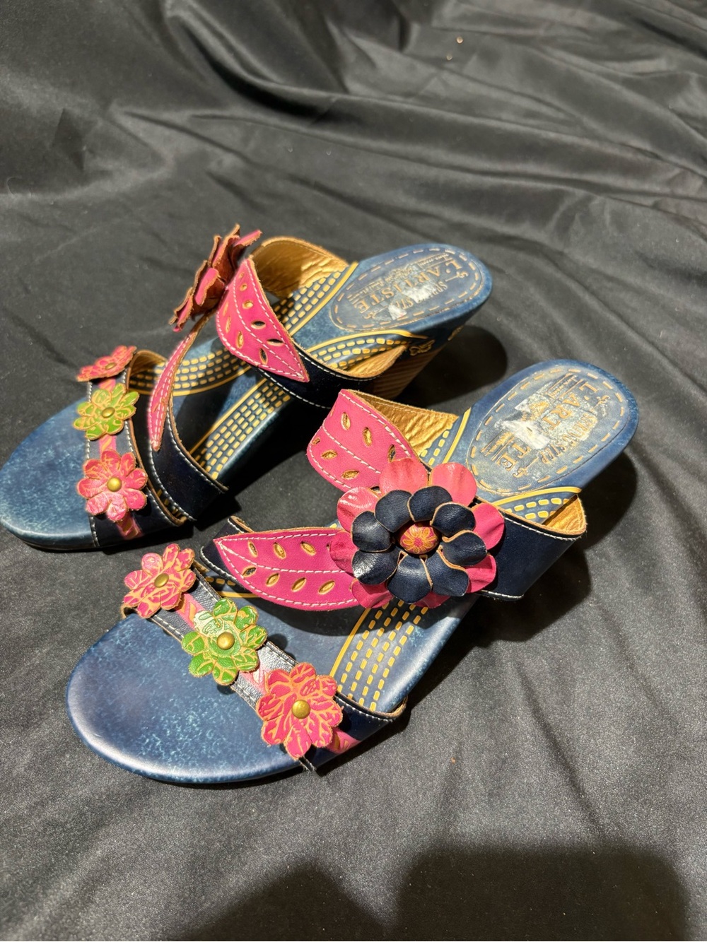 L'ATISTE Navy Slide Mules with Pink & Green Floral Appliqués